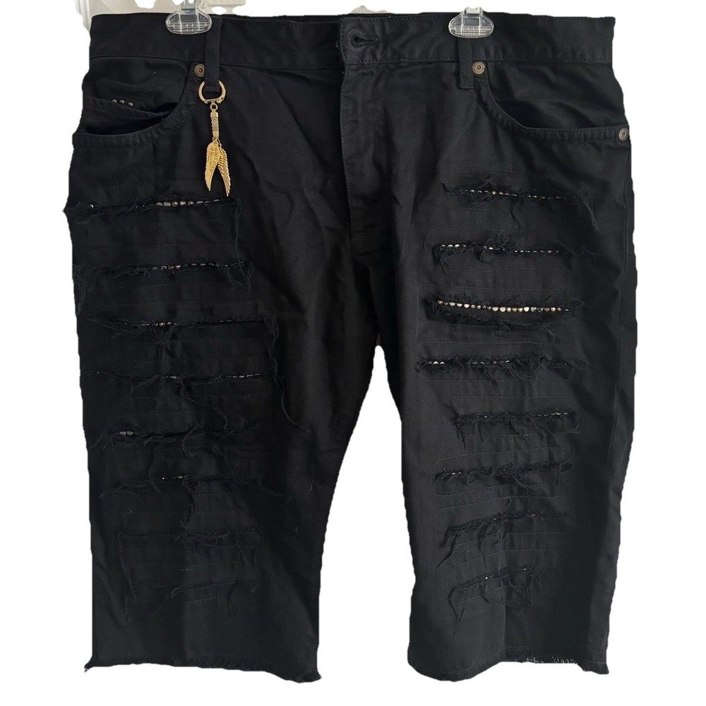 Robins Jean Black Bermuda Shorts Mens Distressed Long Flap Wings MISSING BUTTON